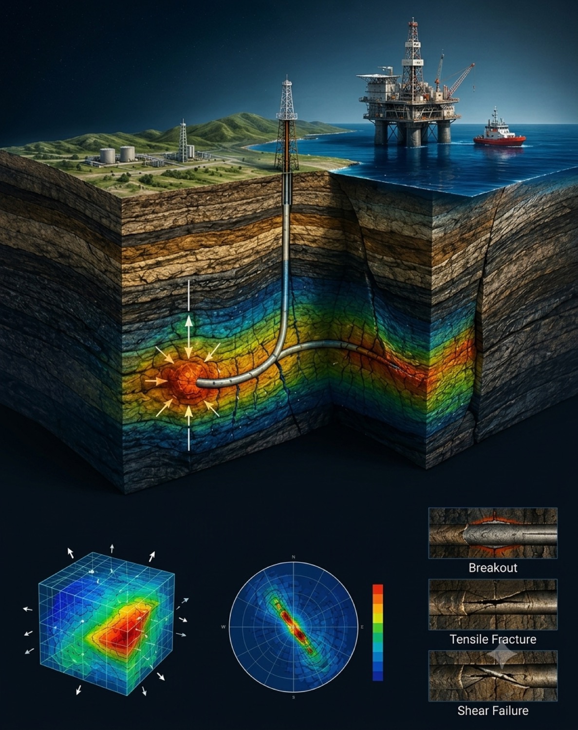3D reservoir geomechanics cutaway with stress analysis and wellbore failure modes